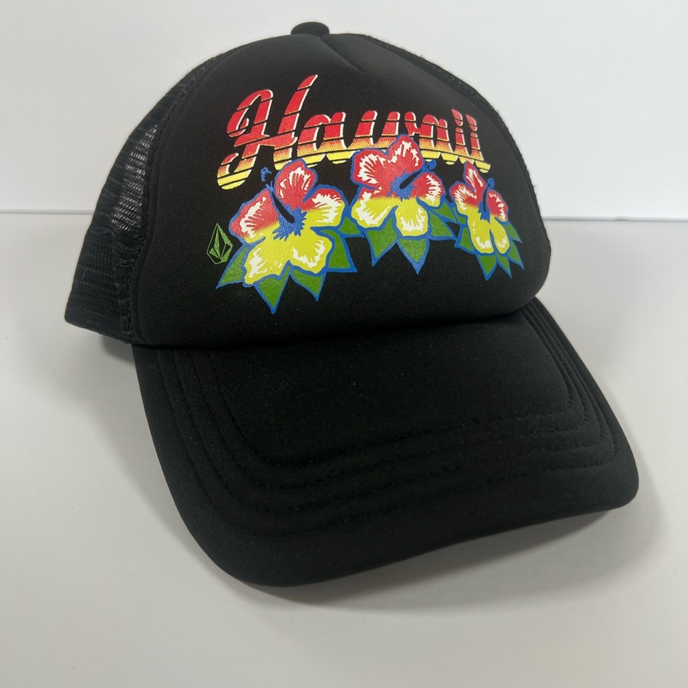 Hawaii Hat Cap Volcom Mesh-Back‎ Trucker Style SnapBack Adjustable Flowers Black